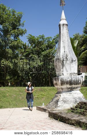 Thai Woman Travel Visit And Respect Praying Chedi Or Stupa Phra That Kong Khao Noi