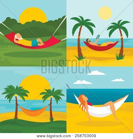 Rest Hammock Banner Set. Flat Illustration Of Rest Hammock Vector Banner Set For Web Design