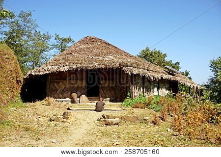 Wodden Long House In Longwa Tribal Village, Mon, Nagaland, India, Myanmar