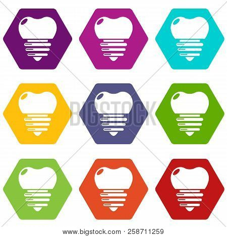 Dental Implant Icons 9 Set Coloful Isolated On White For Web