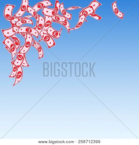 British Pound Notes Falling. Floating Gbp Bills On Blue Sky Background. United Kingdom Money. Beaute