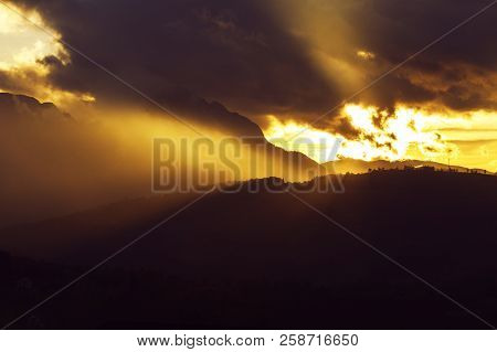 Fiery Sunset Over The Mountains In Transylvania