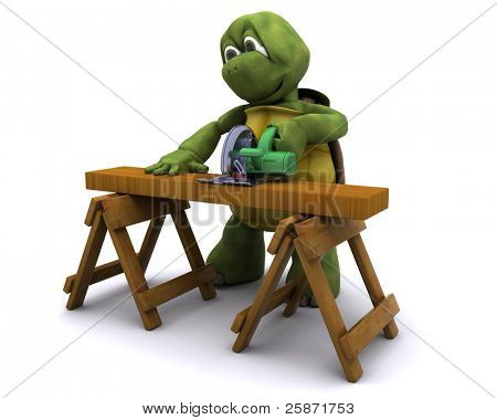 전기 톱으로 거북이의 3D 렌더링