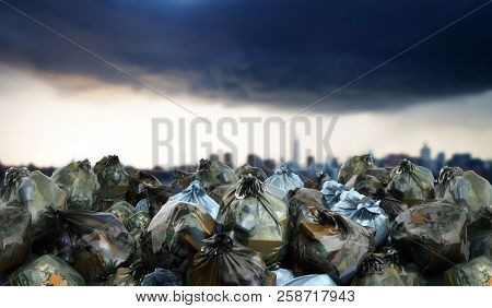 Modern Concept Of Environmental Problems Close Up Of A Garbage Bags Stack 3d Render