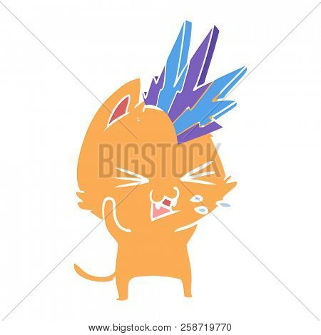 flat color style cartoon punk rock cat hissing