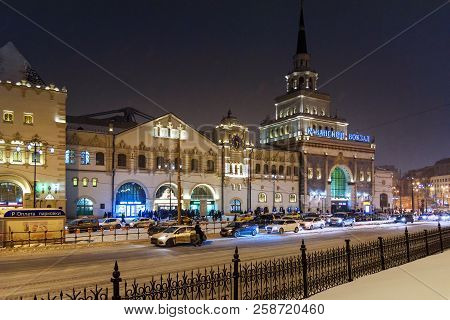Moscow, Russia - January 29, 2018: Kazansky Railway Station Building At Night In Winter