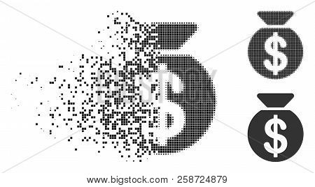 Money Bag Icon In Dispersed, Dotted Halftone And Whole Versions. Points Are Organized Into Vector Di