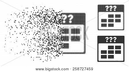 Unknown Month Calendar Grid Icon In Dispersed, Dotted Halftone And Whole Variants. Pixels Are Organi