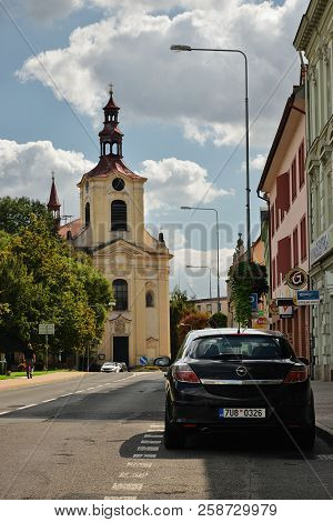 Lovosice, Czech Republic - September 08, 2018: Black Car Opel Astra Parked In Osvoboditelu Street Wi