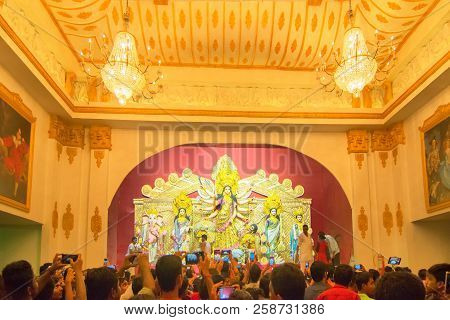 Kolkata , India - September 29, 2017 : Goddess Durga Idol Inside Decorated Durga Puja Pandal, Shot A