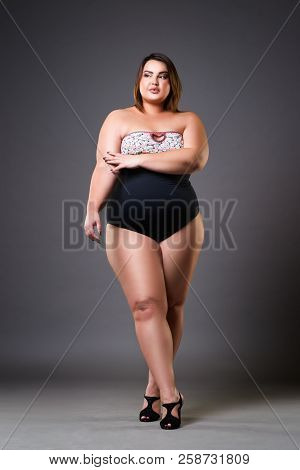 Plus Size Model In Sexy Swimsuit, Fat Woman On Gray Studio Background, Overweight Female Body, Full 