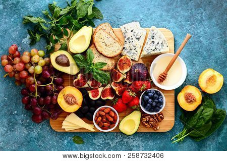 Light Delicious Fruit And Cheese And Nuts Plateu, Easy Party Snack Or Healthy Lunch, View From Above