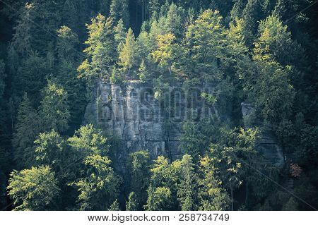 Big Rock With Alpinist In Labske Piskovce Czech Tourist Area In Afternoon On 8Th September 2018