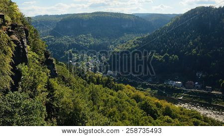 Elbe Valley In Labske Piskovce Czech Tourist Area Viewed From Belveder Prospect In Afternoon On 8Th