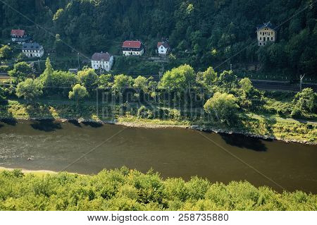 Elbe River In Labske Piskovce Czech Tourist Area Viewed From Belveder Prospect In Afternoon On 8Th S