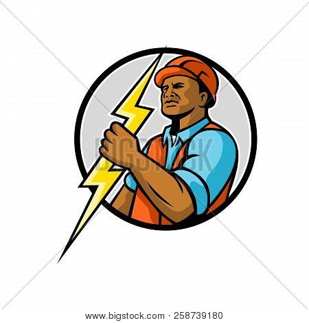 Mascot Illiustration Of A Black African American Electrician Or Power Lineman Holding A Lightning Bo