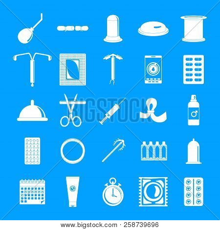 Contraception Day Control Pill Medication Oral Test Icons Set. Simple Illustration Of 25 Contracepti