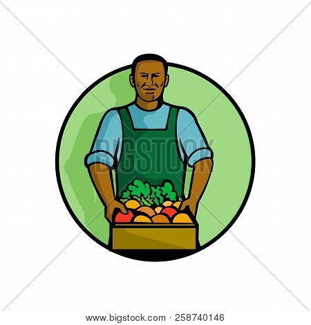 Mascot Illustration Of A Black African American Green Grocer Or Greengrocer Holding Fruit And Vegeta