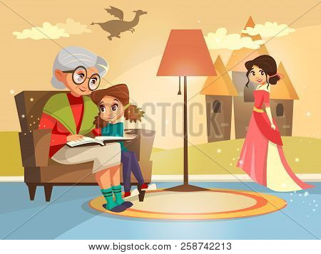 Cartoon Grandmother Reading Fairy Tale Book To Girl Kid Sitting At Armchair. Illustration Elderly Pa