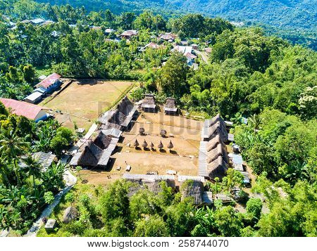 An Aerial View Of A Traditional Village Near The Town Of Bajawa On The Island Of East Nusa Tenggara 