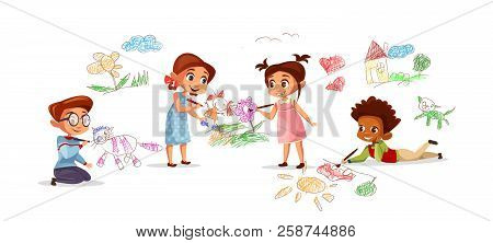 Children Drawing Pictures With Chalk Pencils Illustration Of Cartoon Kids Kindergarten. Flat Design 