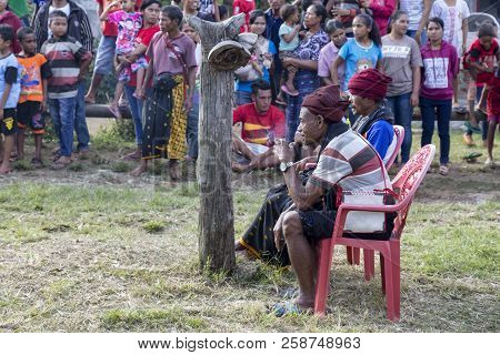 Bajawa, Indonesia - May 19: Unidentified Village Chief Watches Traditional Boxing Near Bajawa In Eas