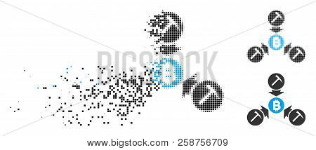 Bitcoin Mining Pool Icon In Fractured, Dotted Halftone And Whole Variants. Fragments Are Grouped Int