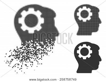Brain Gear Icon In Dispersed, Dotted Halftone And Whole Variants. Elements Are Arranged Into Vector 