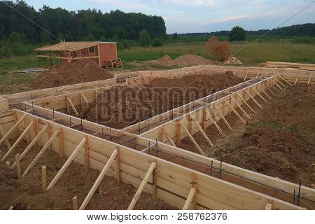 Wooden Formwork Concrete Strip Foundation For A Cottage