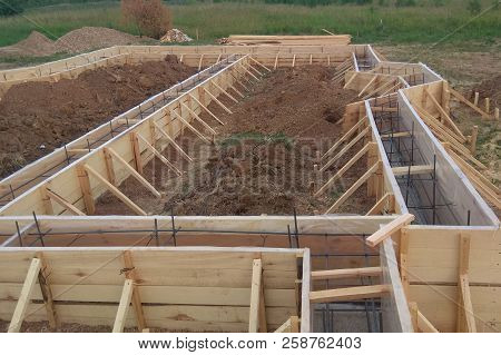 Wooden Formwork Concrete Strip Foundation For A Cottage
