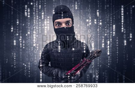 Burglar in action with encoded concept and his tools in his hand. 