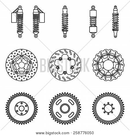 Suspension Shock And Brake Disc Icons Set. Vector Thin Line