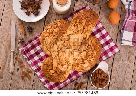 Easter Dove Bread (colomba Pasquale) On Wooden Table.
