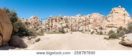 Panorama Of Granite Boulders In The Wonderland Of Rocks Area Along Willow Hole Trail In Joshua Tree