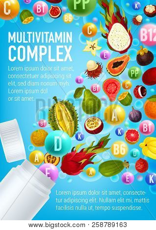 Vitamin And Mineral Pill With Exotic Tropical Fruit And Berry Poured Out Of Plastic Bottle With Blan