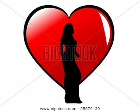 Una ragazza sexy in sagoma davanti un grande cuore rosso, isolato on white