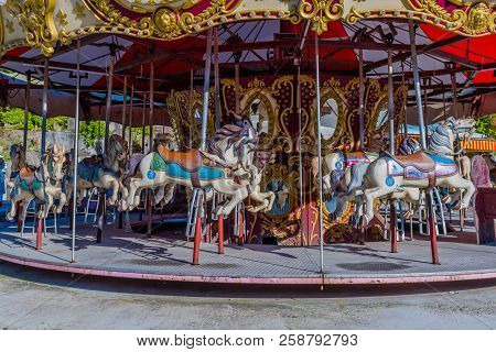 September 9, 2018; Seoul, South Korea: Ornate Carousal Of Horses Sitting Empty At Bankrupt Amusement