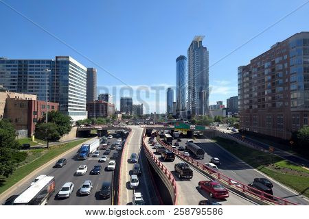 Traffic Jam Of Cars On The Dan Ryan Interstate Highway Chicago With On Ramps Under A Clear Blue Sky