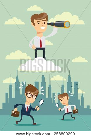 Successful Businessman With Telescope On Cloud Above Others . Business Vision Concept. Stock Flat Ve