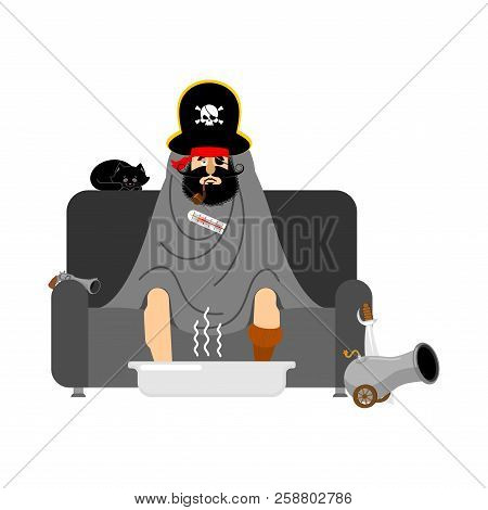 Pirate Sick Sitting In Armchair Wrapped In Blanket. Filibuster Illness Sneezing. Unhappy Buccaneer F
