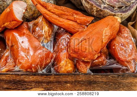 Closeup, Assorted Different Kinds Of Meat: Salami, Sausages, Smoked Meat.
