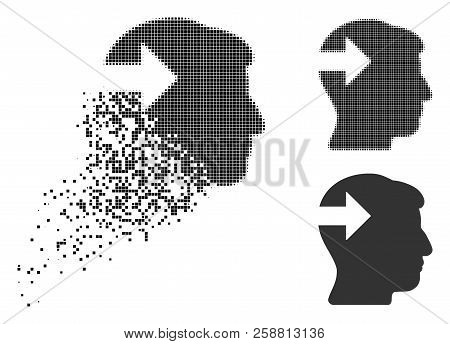 Head Plug-in Arrow Icon In Fractured, Pixelated Halftone And Solid Variants. Particles Are Combined 