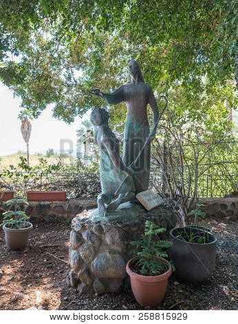 Tiberias, Israel, September 10, 2018 : A Bronze Statue Standing In The Courtyard Of The Church Of Th