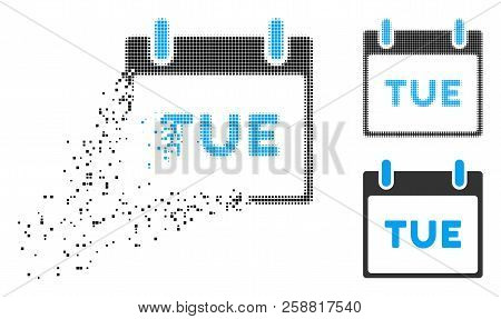 Tuesday Calendar Page Icon In Dispersed, Pixelated Halftone And Whole Versions. Elements Are Organiz
