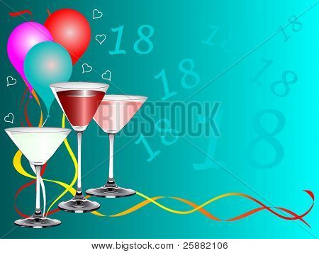 18 の誕生日パーティー背景飲み物からす、風船とテンプレート