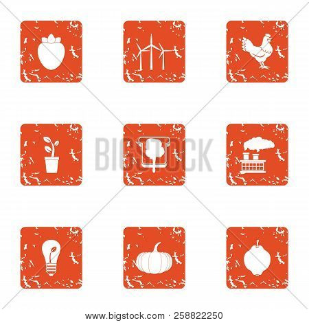 Eco Enjoyable Icons Set. Grunge Set Of 9 Eco Enjoyable Icons For Web Isolated On White Background