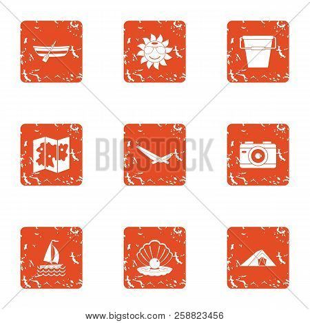 Cruise Beach Icons Set. Grunge Set Of 9 Cruise Beache Icons For Web Isolated On White Background