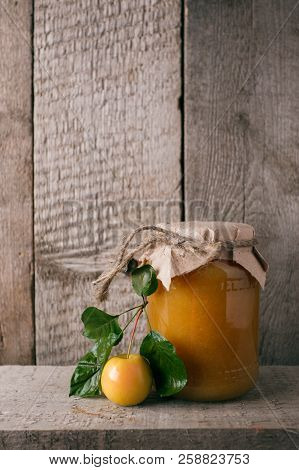 Canning At Home, Jar With Apple Jam. Autumn Seasonal Pickled. Fall Home Food Preserving Or Canning C