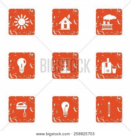 Eco Town Icons Set. Grunge Set Of 9 Eco Town Icons For Web Isolated On White Background