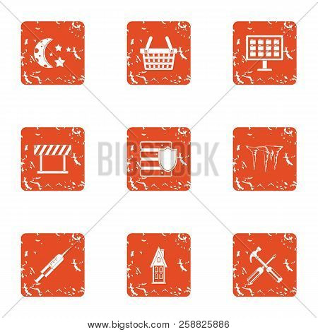 Township Icons Set. Grunge Set Of 9 Township Icons For Web Isolated On White Background